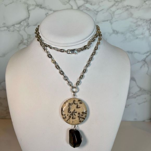 Etienne Aigner Large Dalmatian Jasper Stone Drop Necklace Silver Tone Signed - Picture 6 of 6